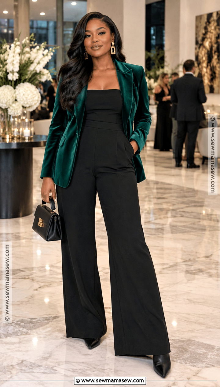 Velvet Blazer And Black Jumpsuit Fall Outfit - 25 fall outfits women black for women