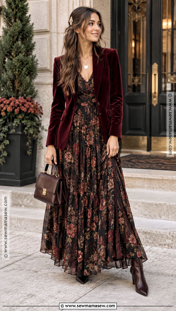 Velvet Blazer And Maxi Dress Boho Fall Outfit - 25 boho fall outfits
