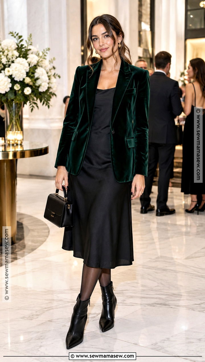 Velvet Blazer And Midi Dress Fall Outfit - 25 classy fall outfits