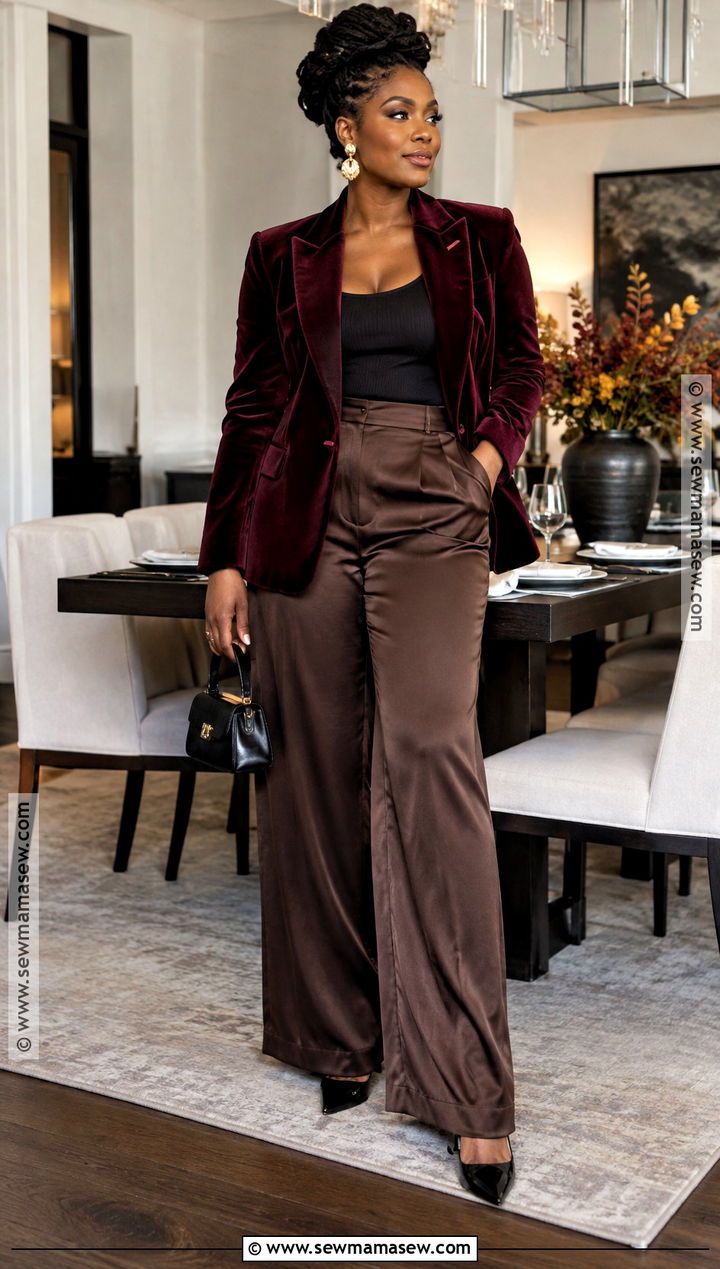 Velvet Blazer And Satin Pants Thanksgiving Outfit - 15 black woman thanksgiving outfit ideas