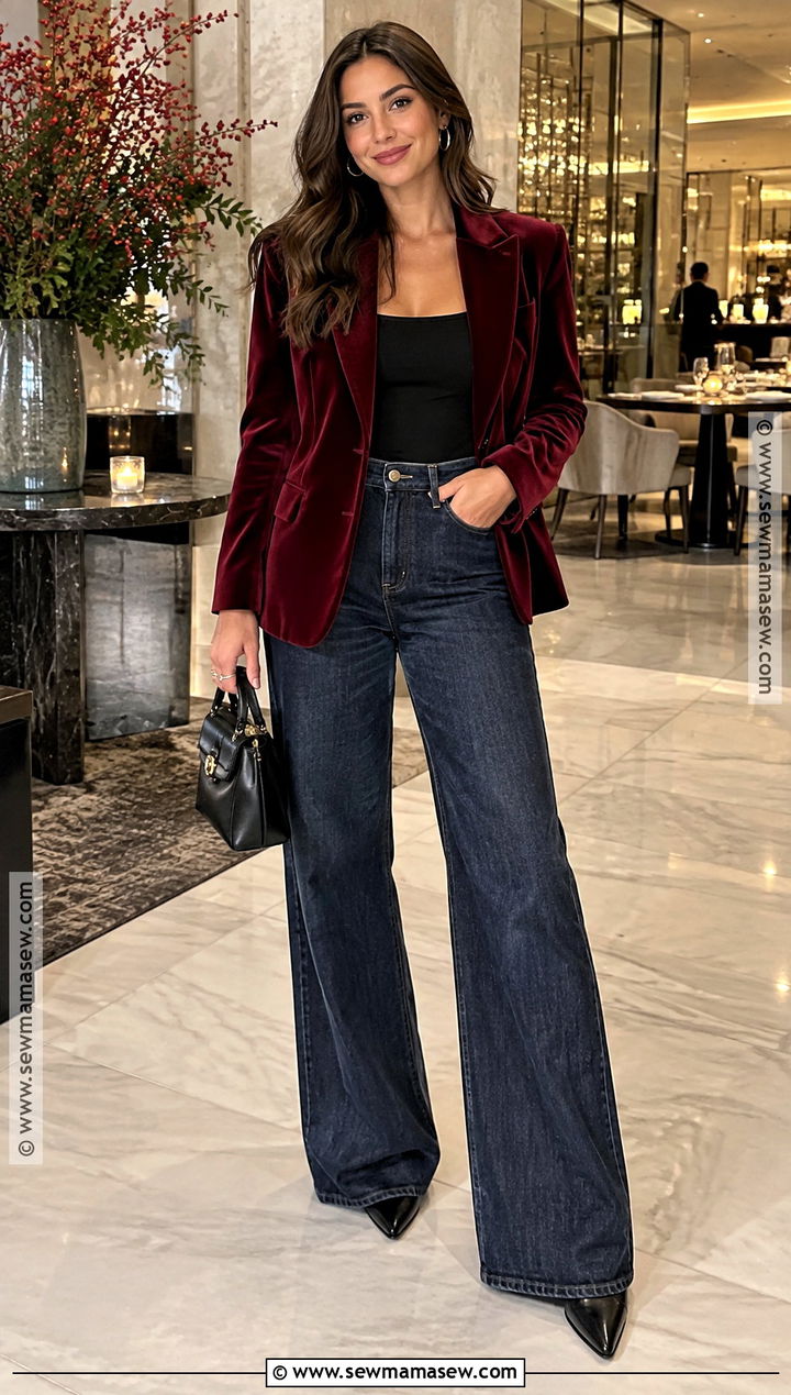 Velvet Blazer And Wide Leg Jeans Fall Dinner Outfit - 20 dinner fall outfit ideas