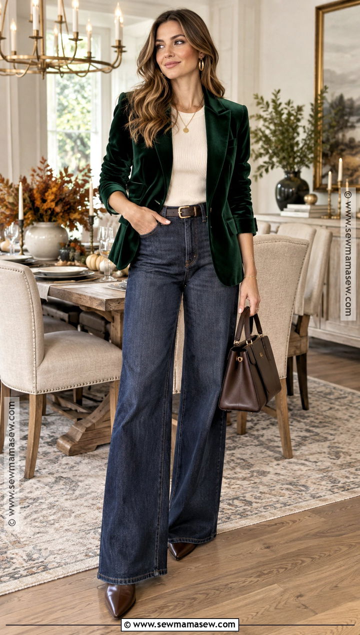 Velvet Blazer And Wide Leg Jeans Thanksgiving Outfit - 20 Thanksgiving Inspo Outfits