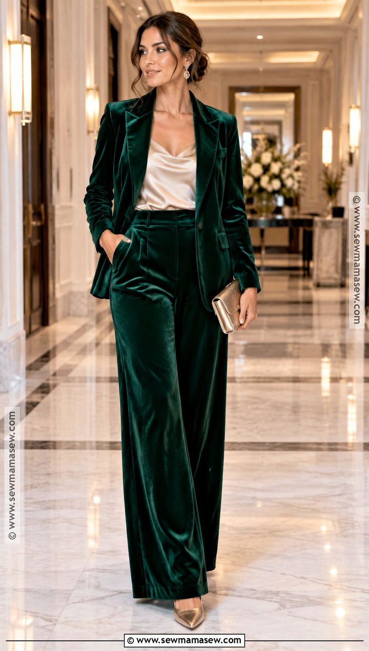 Velvet Blazer And Wide Leg Pants Fall Wedding Guest Outfit - 25 semi formal fall wedding guest attire ideas