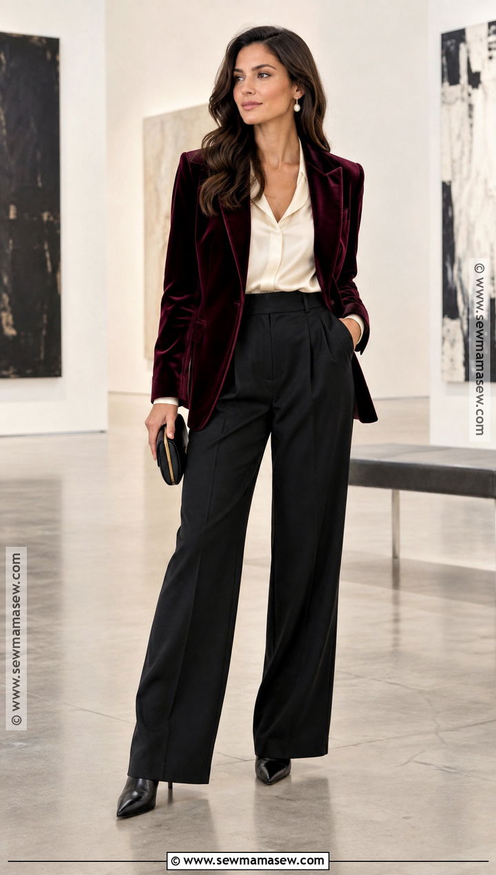 Velvet Blazer And Wide Leg Trousers Fall Outfit - 20 Romantic Fall Outfits