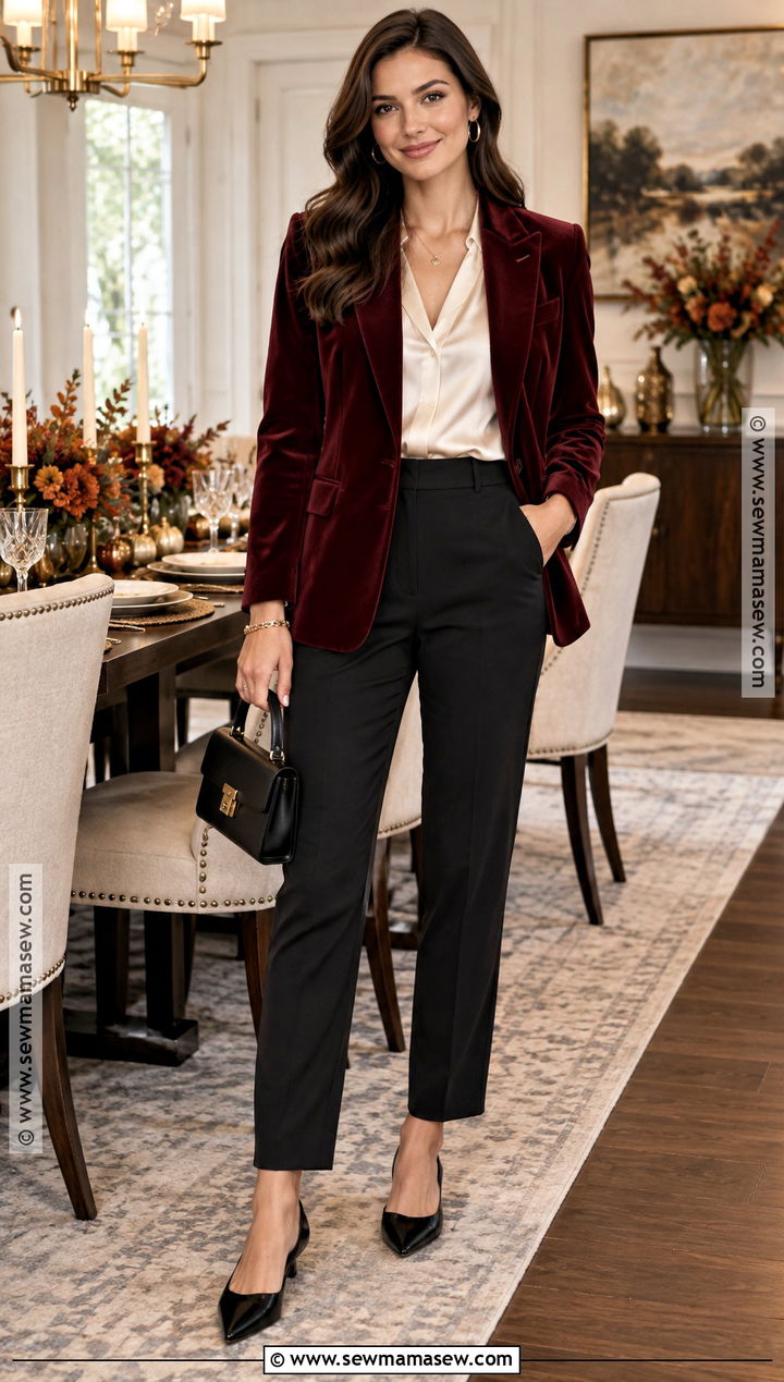 Velvet Blazer Thanksgiving Outfit With Black Trousers - 25 Thanksgiving Fits