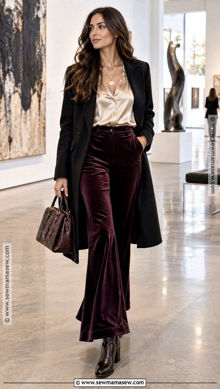 Velvet Boho Flare Pants With A Satin Blouse - 15 boho pants outfit fall