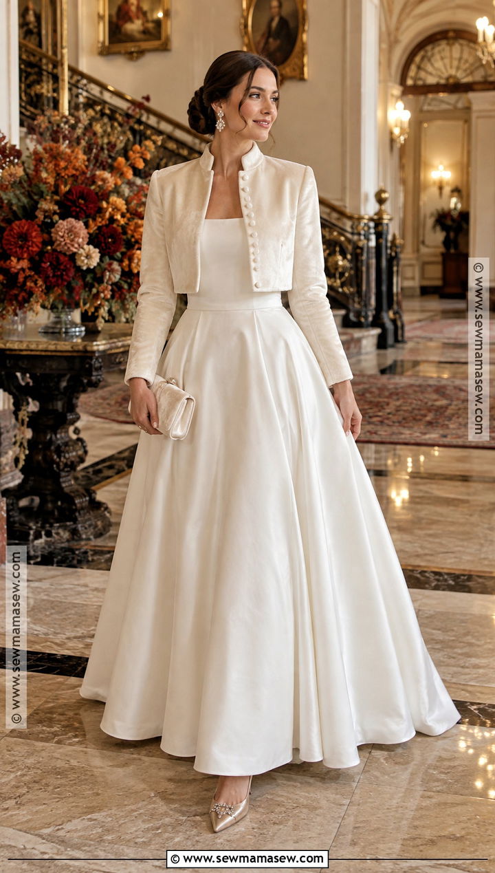 Velvet Bridal Jacket With A Line Dress - 15 Fall Wedding Jacket Brides Ideas
