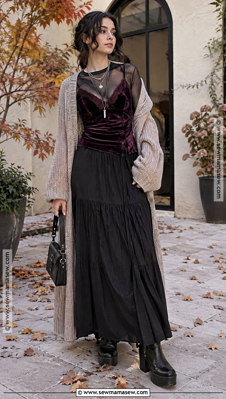 Velvet Cami and Long Cardigan Whimsigoth Fall Outfit - 25 whimsigoth fall outfits