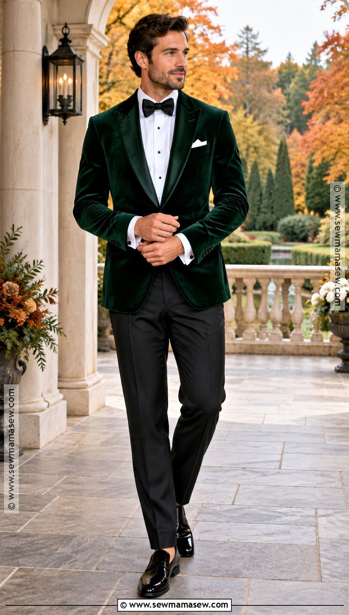 Velvet Dinner Jacket With Black Trousers - 15 fall outdoor wedding groom attire ideas