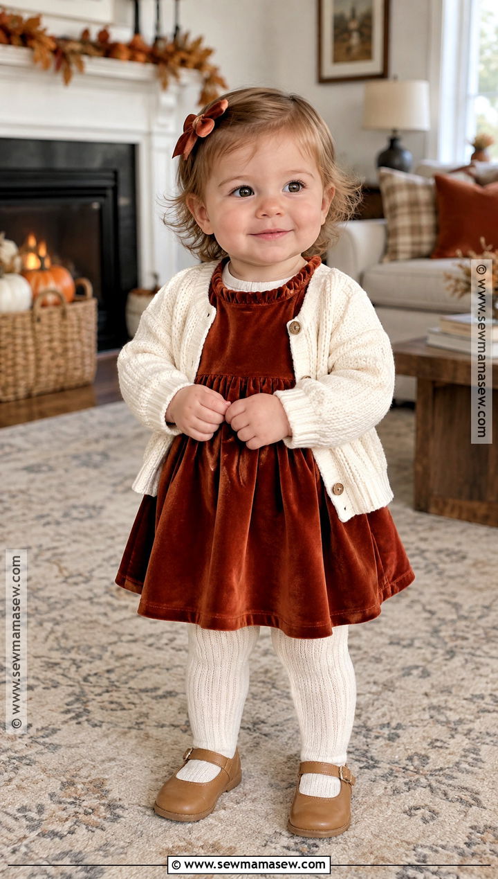 Velvet Dress And Cardigan Outfit - 15 Baby First Thanksgiving Outfit Ideas