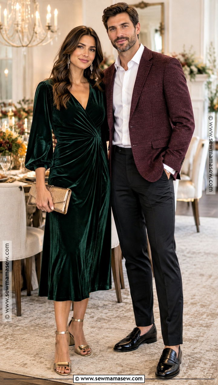 Velvet Dress And Textured Blazer Thanksgiving Outfit - 20 Thanksgiving Outfit Ideas for Couples