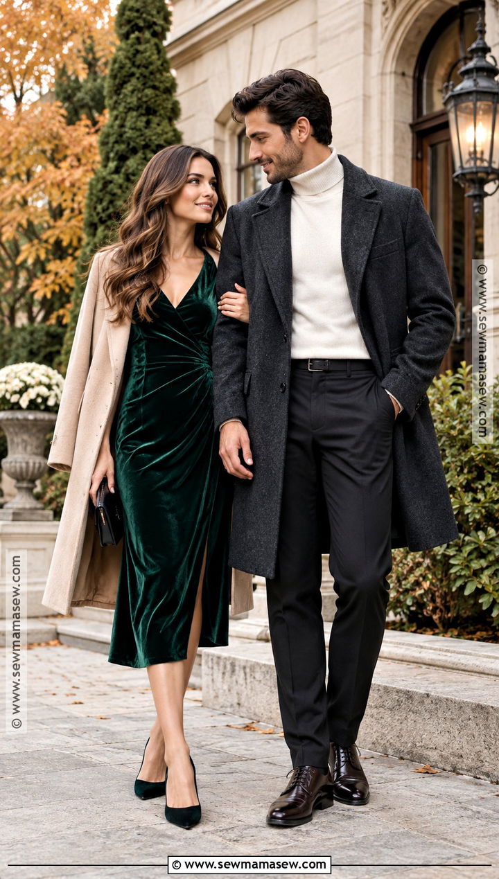 Velvet Dress And Wool Coat Couples Fall Photoshoot Outfit - 25 couples fall photoshoot outfits