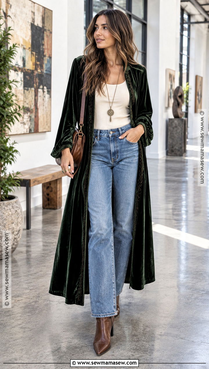 Velvet Duster And Straight Leg Jeans Autumn Hippie Outfit - 20 autumn hippie outfits