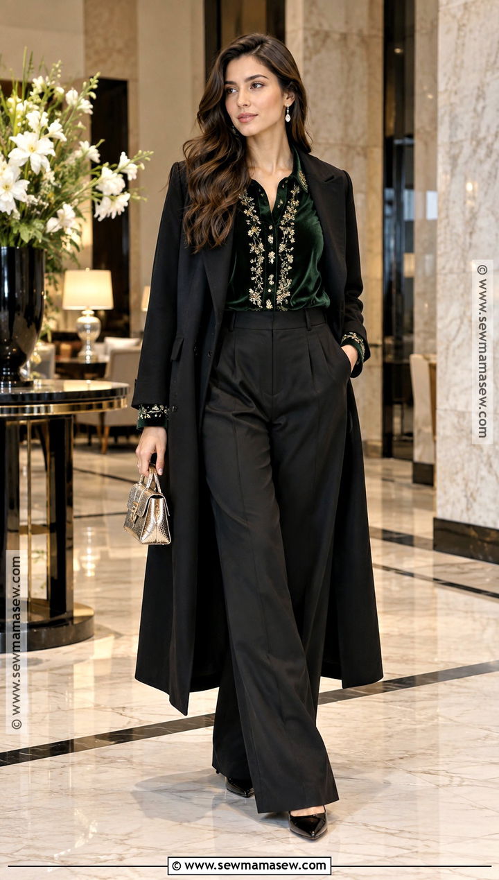 Velvet Embroidered Shirt With Wide Leg Pants - 15 Fall Embroidered Shirts