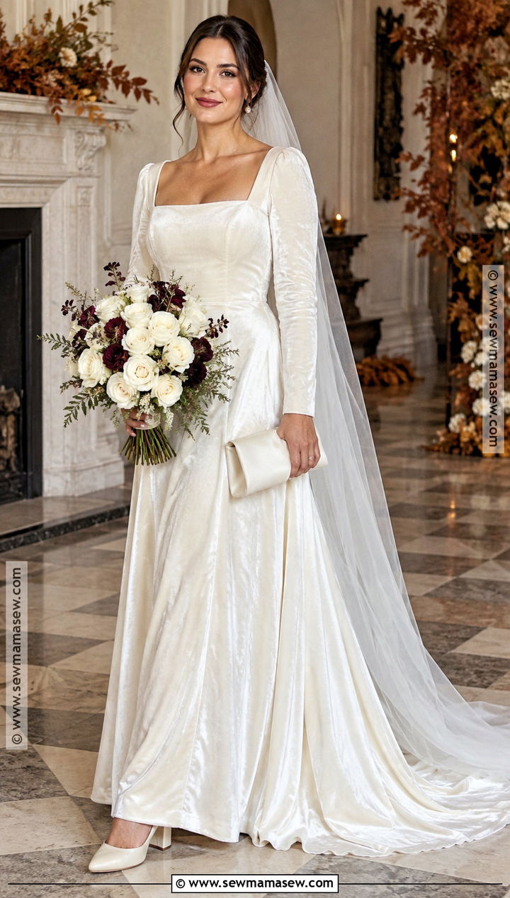 Velvet Fall Bride Dress With Pearl Accessories - 15 fall bride outfit ideas