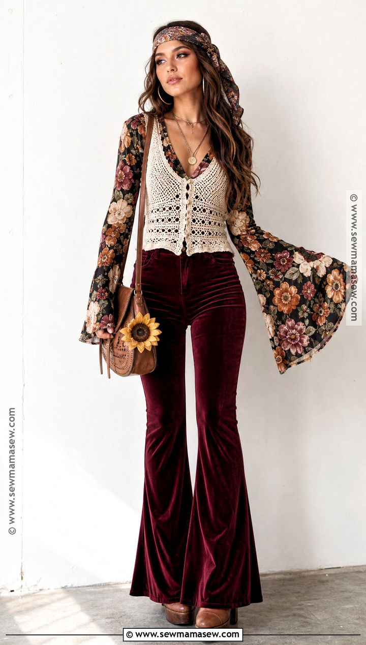 Velvet Flares And Floral Blouse Hippie Costume - 30 hippie outfits 70s costume