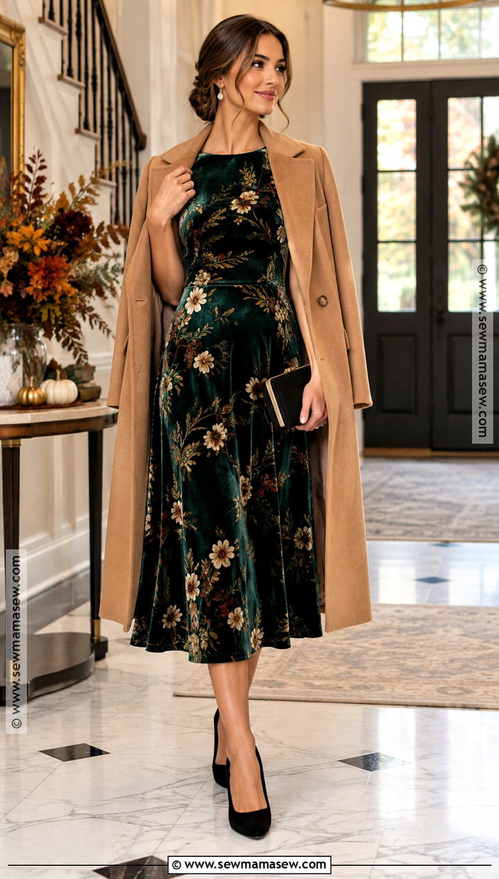 Velvet Floral Dress With Wool Coat And Heels - 15 Fall Floral Dress Outfit Ideas