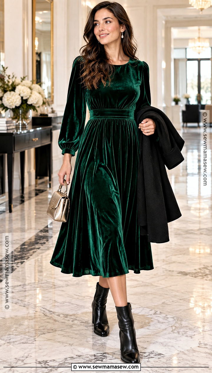 Velvet Flowy Midi Dress With Block Heel Boots - 15 Cute Flowy Dresses Fall