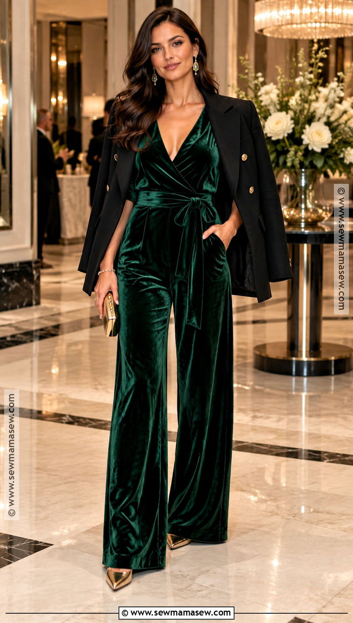 Velvet Jumpsuit And Metallic Heels Fall Going Out Outfit - 30 fall going out outfits