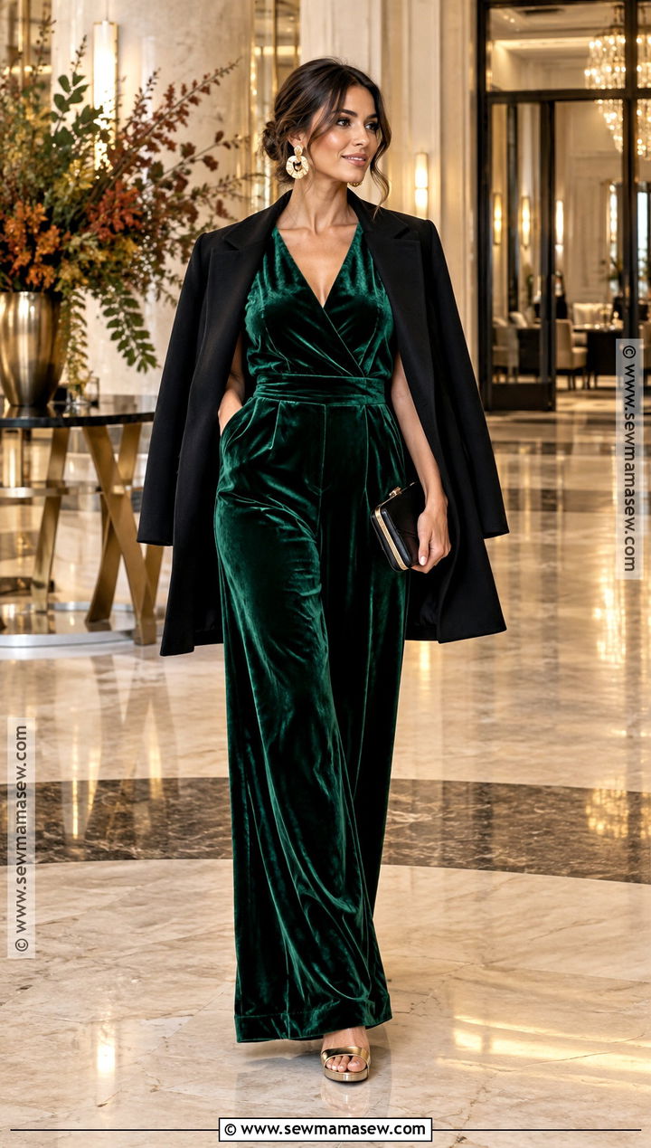 Velvet Jumpsuit With Metallic Heels - 15 fall fashion jumpsuit ideas