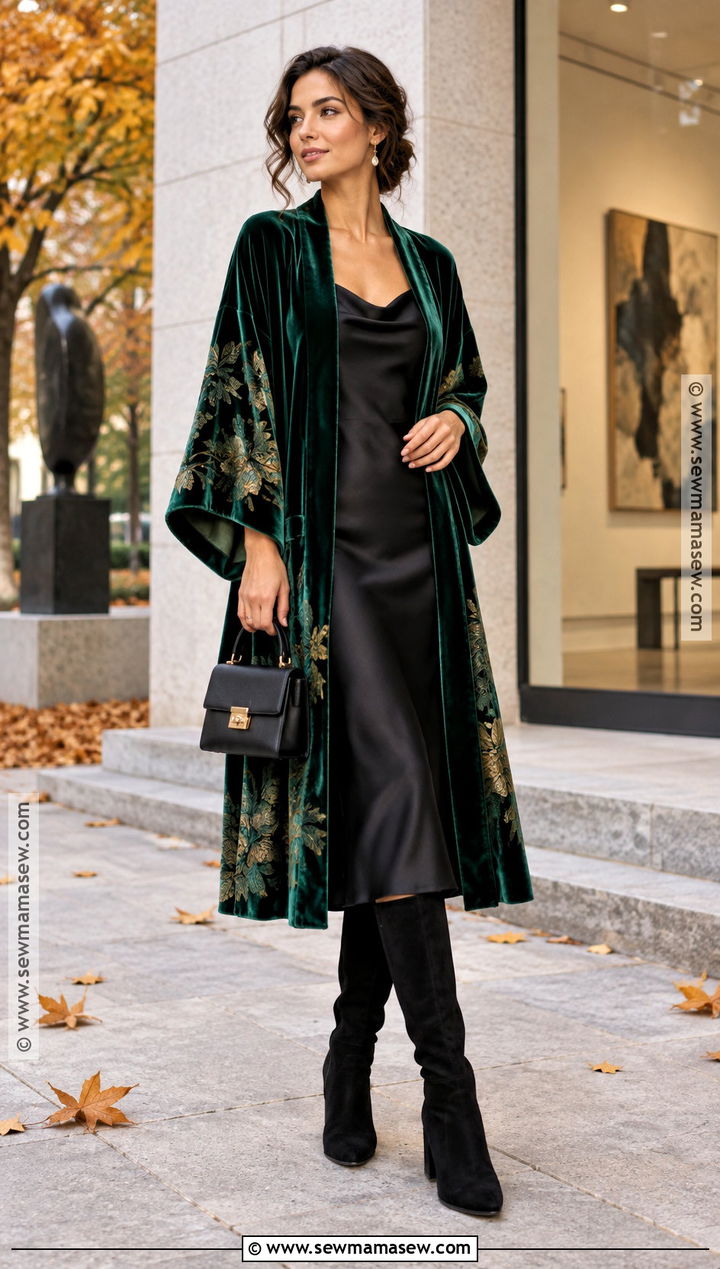 Velvet Kimono With Slip Dress And Knee High Boots - 15 fall kimono outfit ideas