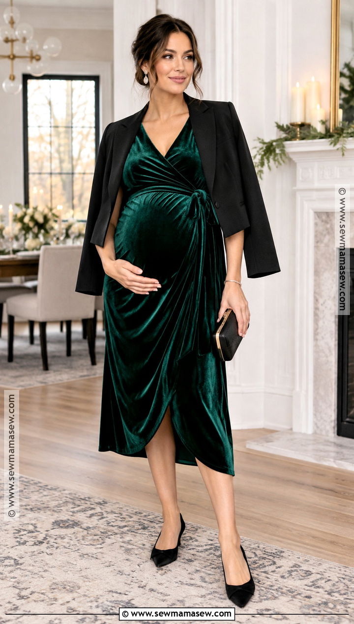 Velvet Maternity Midi Dress With Pointed Flats - 20 fall maternity dress ideas