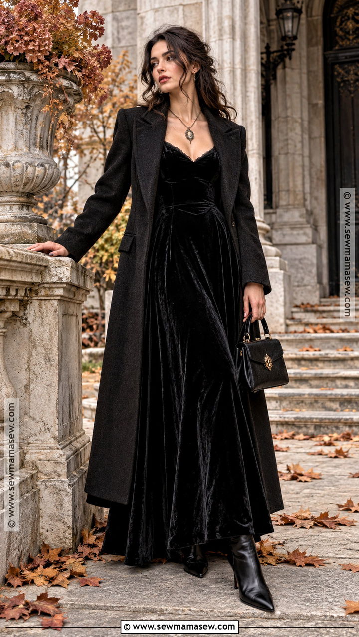 Velvet Maxi Dress And Ankle Boots - 20 Fall Gothic Outfits