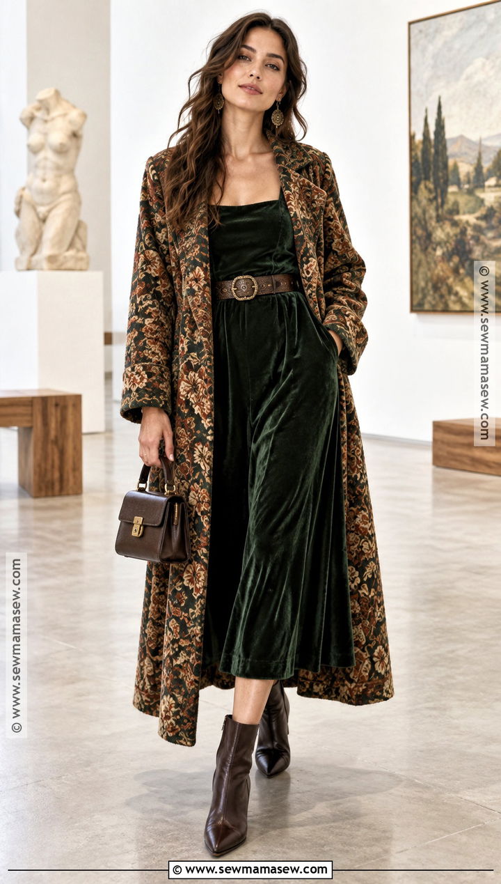 Velvet Midi Dress And Duster Coat Fall Boho Outfit - 25 fall boho outfits