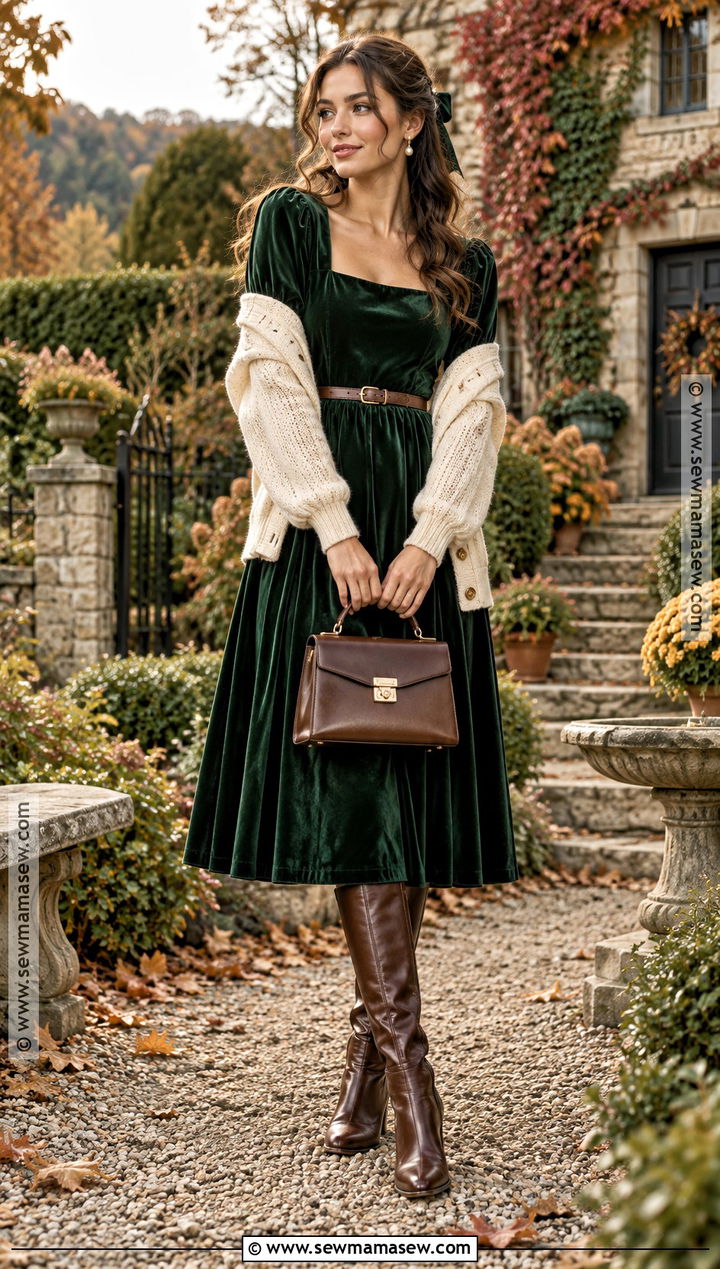 Velvet Midi Dress And Knee High Boots Autumn Cottagecore Outfit - 25 autumn cottagecore outfit ideas