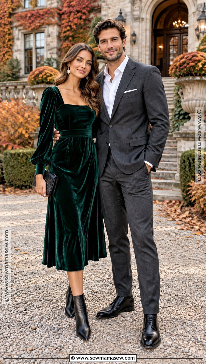 Velvet Midi Dress Fall Engagement Outfit - 20 engagement photos fall outfit ideas