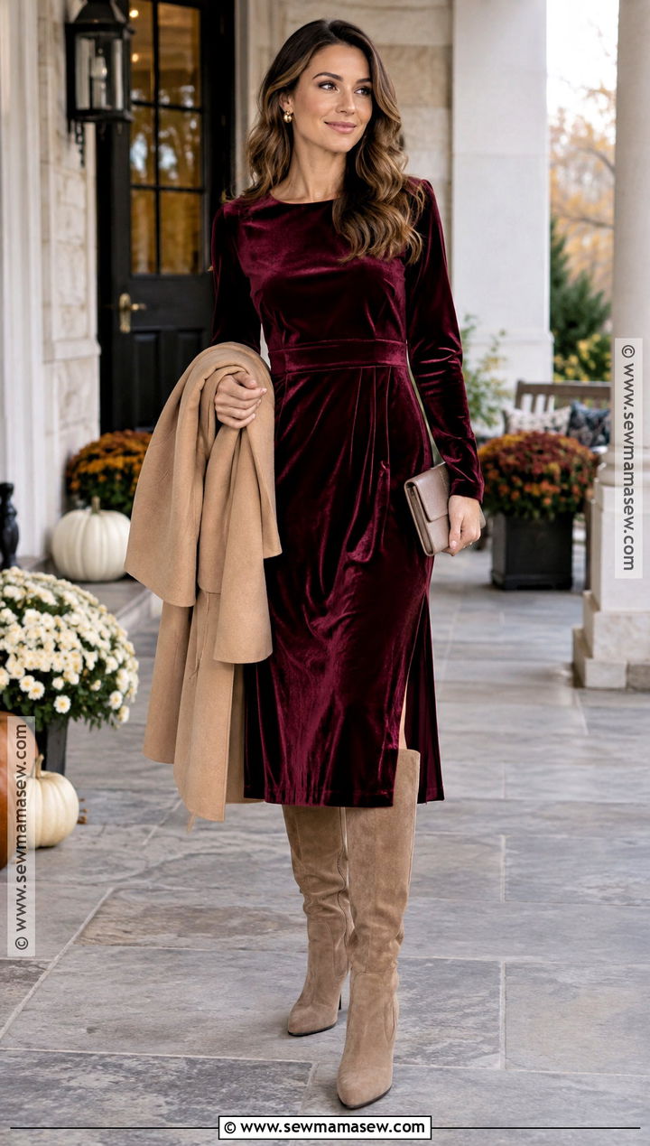 Velvet Midi Dress Fall Photo Shoot Outfit - 20 Fall Photo Shoot Outfits for Women