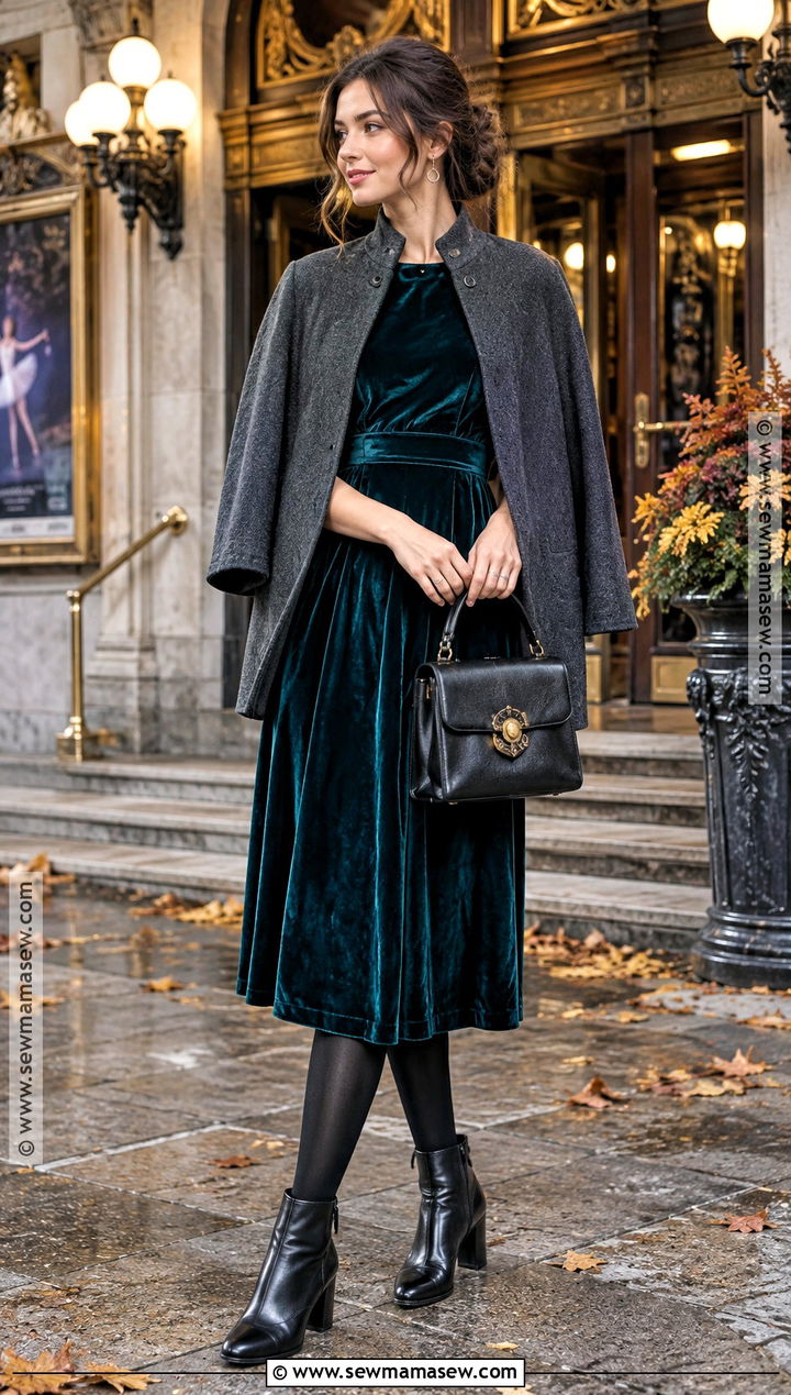 Velvet Midi Dress With Cape Coat And Boots - 20 Fall Whimsical Outfit Ideas