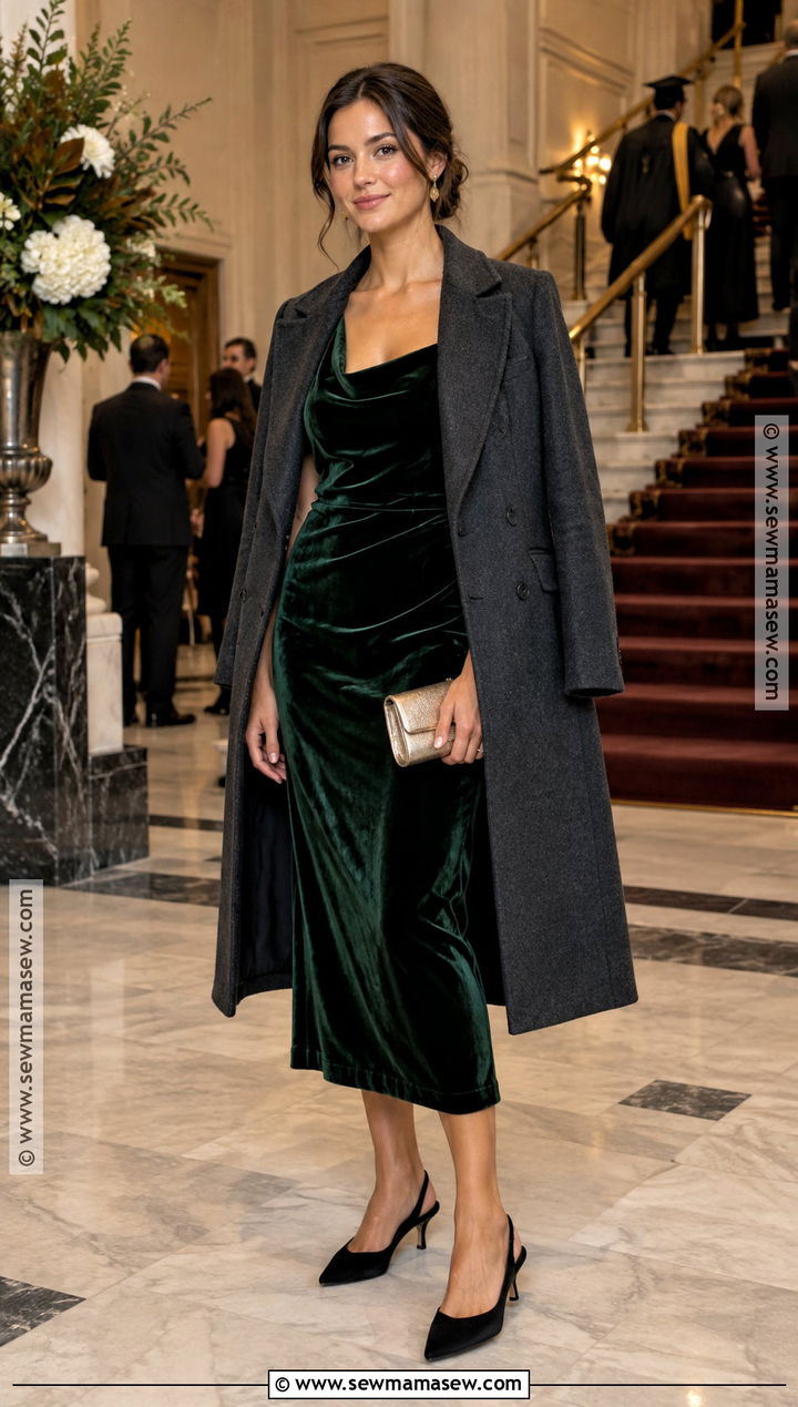 Velvet Midi Dress With Slingback Heels - 15 fall graduation guest outfit ideas