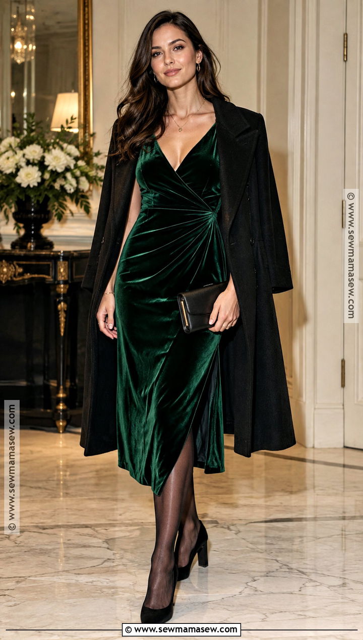 Velvet Midi Fall Dress Outfit With Coat and Heels - 20 cute fall dress outfits
