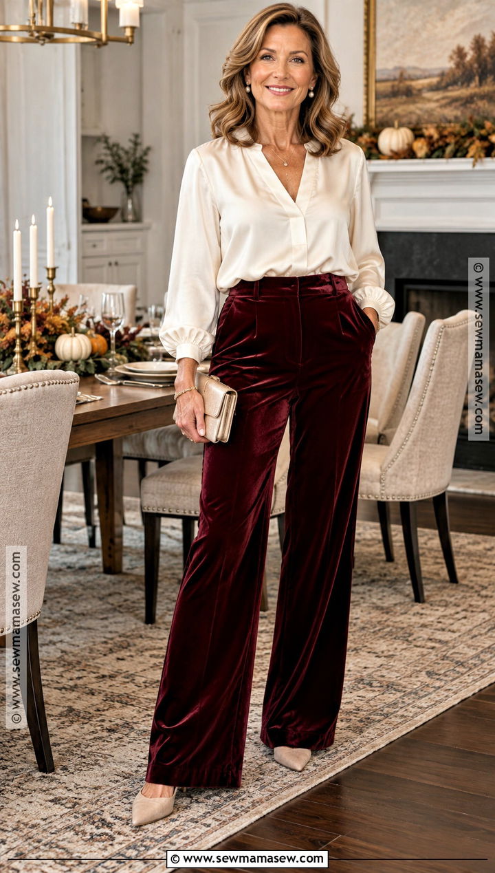 Velvet Pants And Blouse Thanksgiving Outfit - 15 thanksgiving outfits women aesthetic