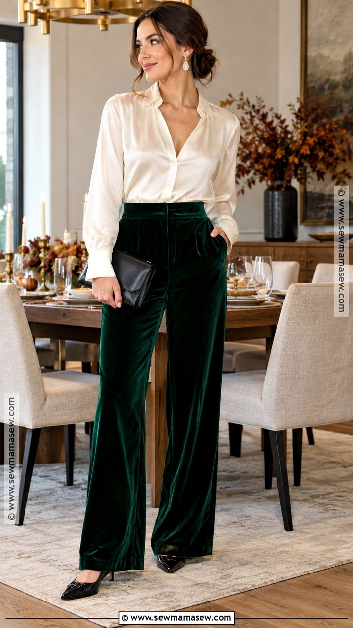 Velvet Pants And Silk Blouse Thanksgiving Outfit - 20 elegant thanksgiving outfit ideas