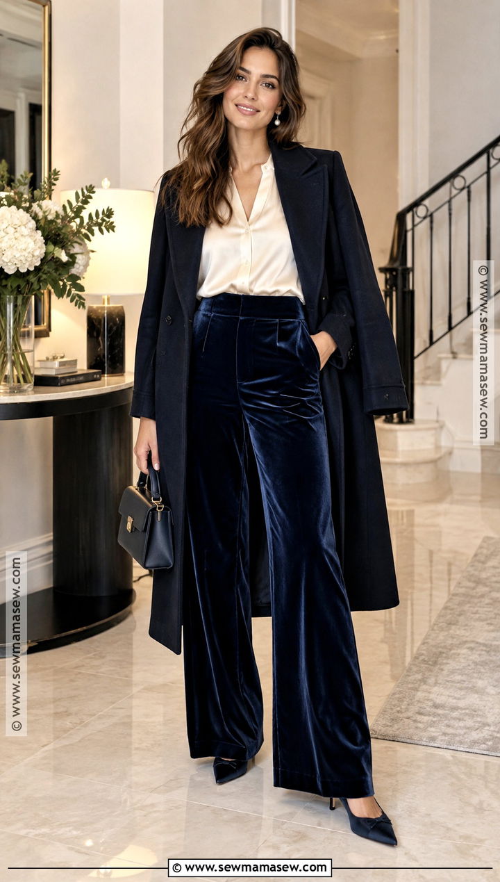 Velvet Pants With Silk Blouse And Kitten Heels - 20 fall pants outfit