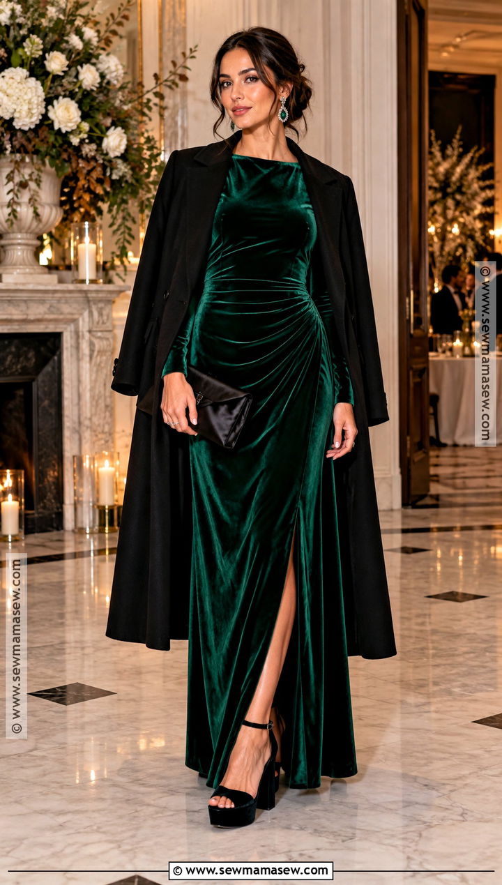 Velvet Platform Heels With Long Sleeve Maxi Dress - 15 shoes for fall wedding guest