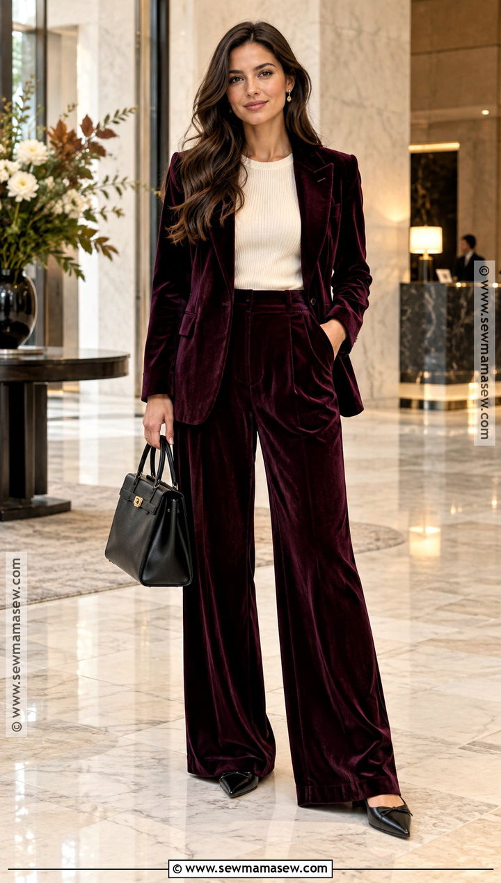 Velvet Suit And Knit Top Outfit - 15 Fall Fashion Fabric Inspiration Ideas