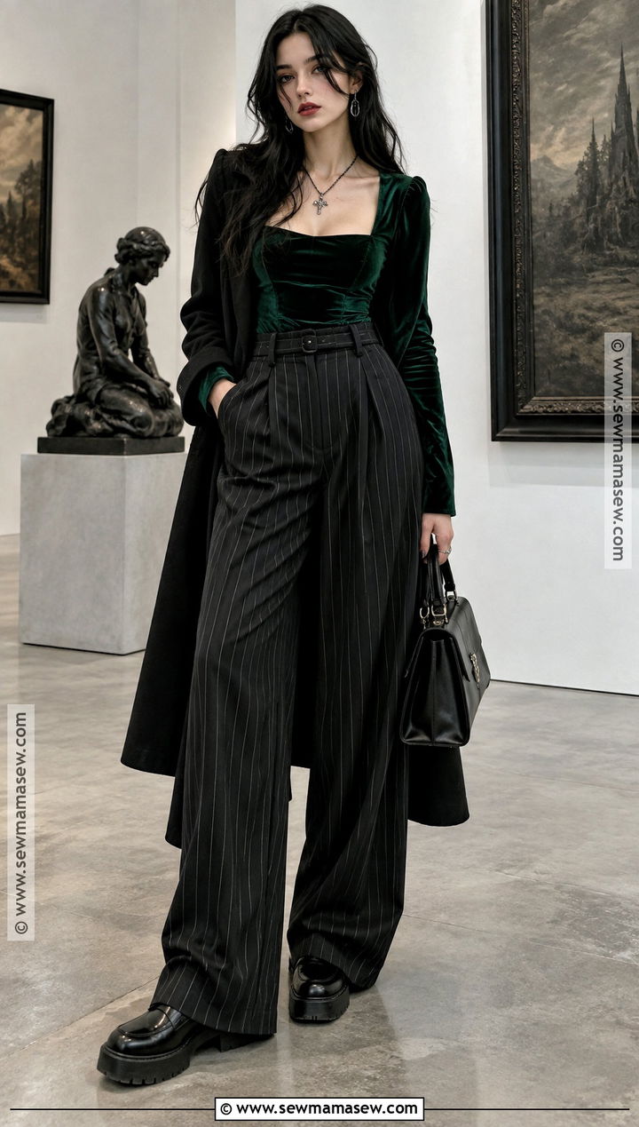 Velvet Top And Pinstripe Pants Autumn Outfit - 25 alt autumn outfits