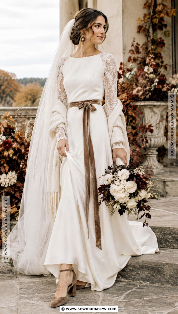 Velvet Trim Boho Long Sleeve Wedding Dress - 15 boho fall wedding dress long sleeve ideas