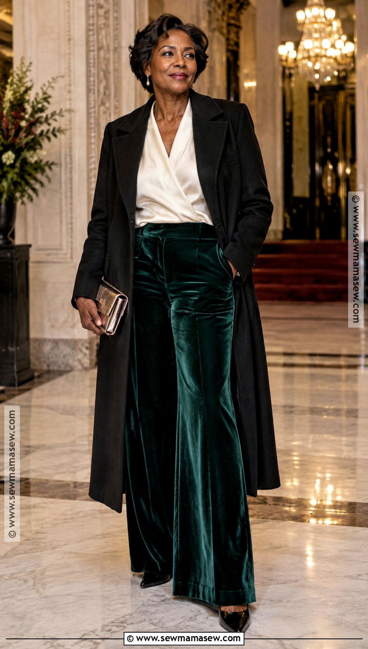 Velvet Trousers With Wrap Blouse And Pumps - 15 datenight fall outfits for black women