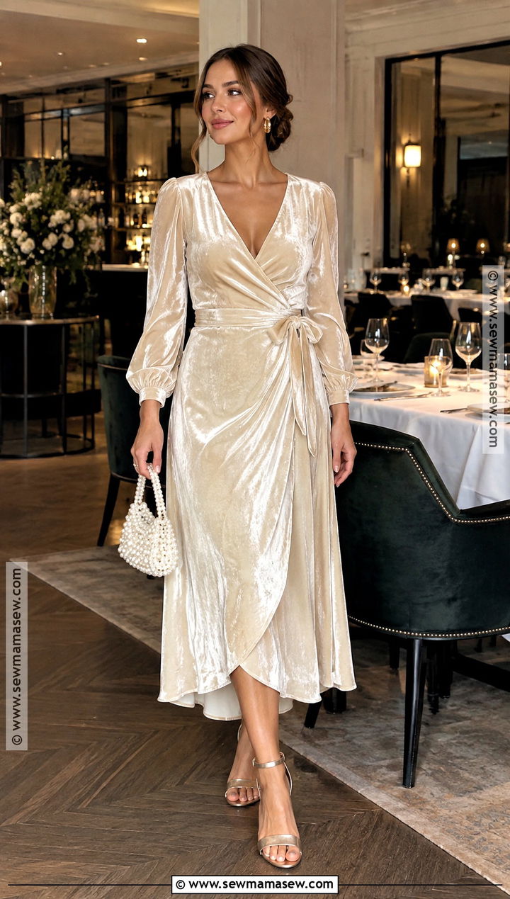 Velvet Wrap Midi Rehearsal Dinner Dress - 20 fall rehearsal dinner dress for bride ideas