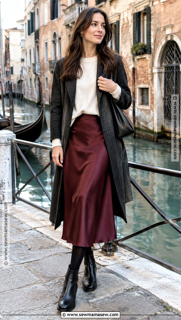 Venice Autumn Satin Skirt And Sweater Outfit - 15 venice italy outfit autumn ideas