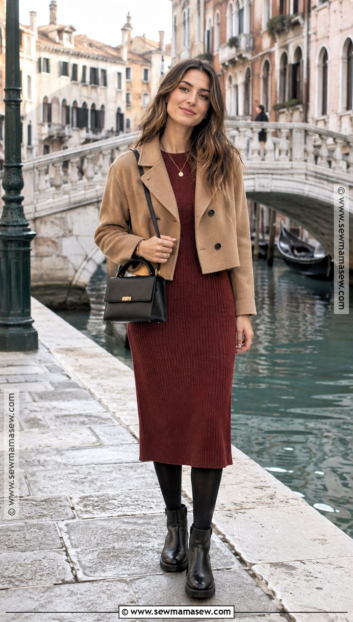 Venice Fall Outfit With Knit Midi Dress And Ankle Boots - 15 Venice Italy Fall Outfits