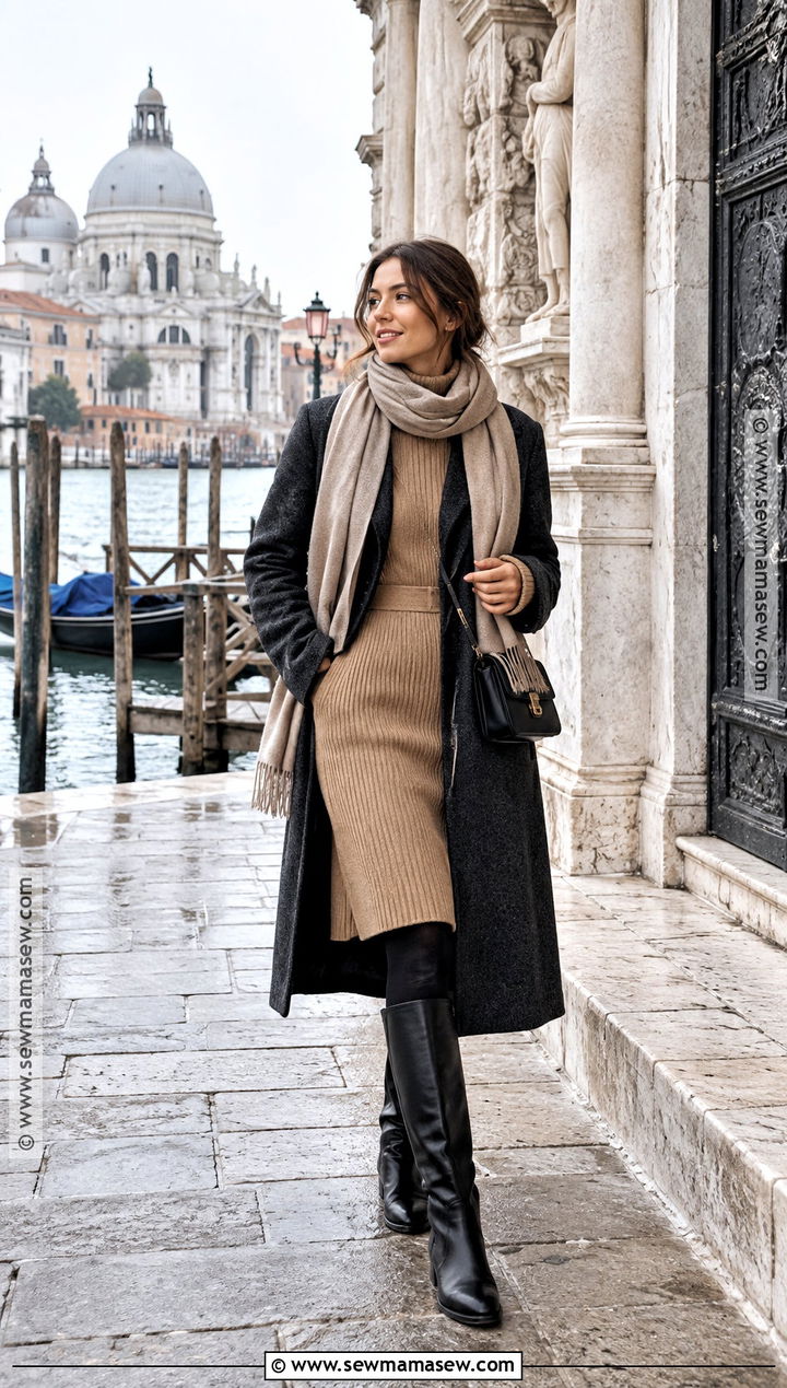 Venice Fall Outfit With Sweater Dress And Tights - 15 Venice Italy Fall Outfits
