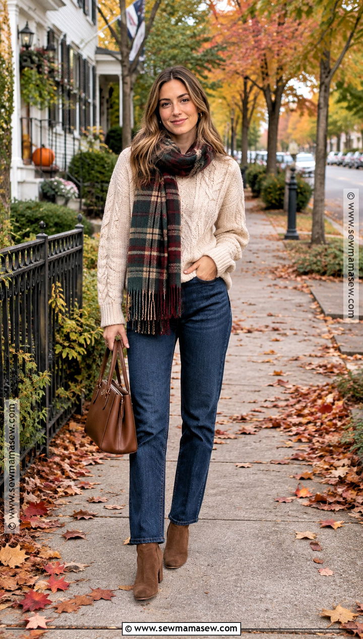 Vermont Fall Cable Knit Sweater And Dark Jeans Outfit - 20 vermont fall outfit ideas