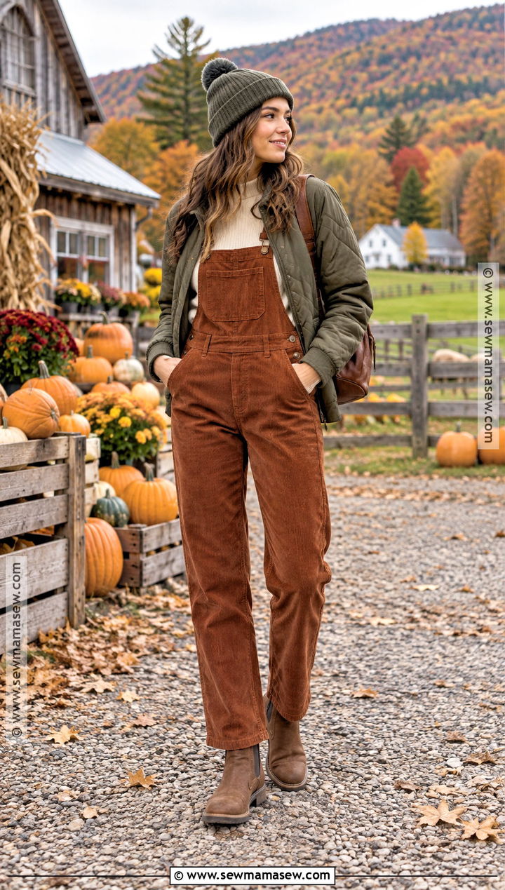 Vermont Fall Corduroy Overalls And Fitted Sweater Outfit - 20 vermont fall outfit ideas