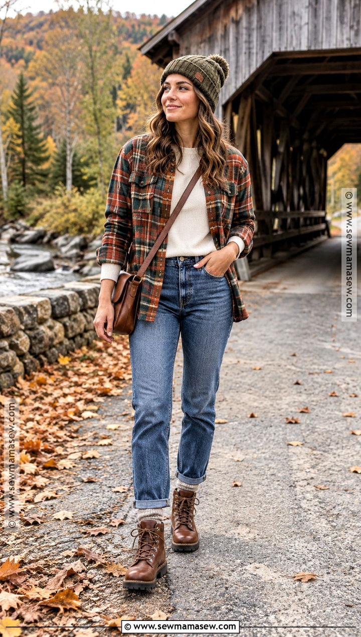 Vermont Fall Flannel Shirt And Straight Leg Jeans Outfit - 20 vermont fall outfit ideas