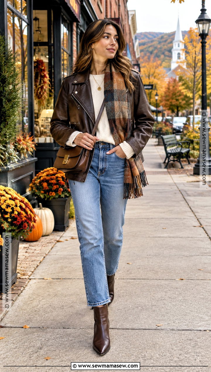Vermont Fall Leather Jacket And Cream Sweater Outfit - 20 vermont fall outfit ideas